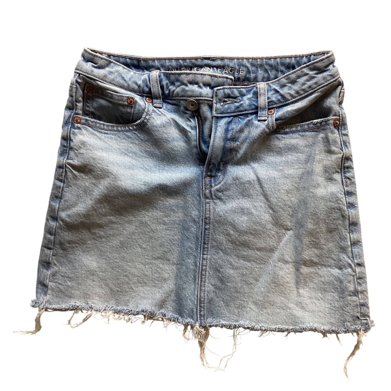 American Eagle Outfitters Denim Mini Skirt Light Wash Distressed Raw Hem Stretch